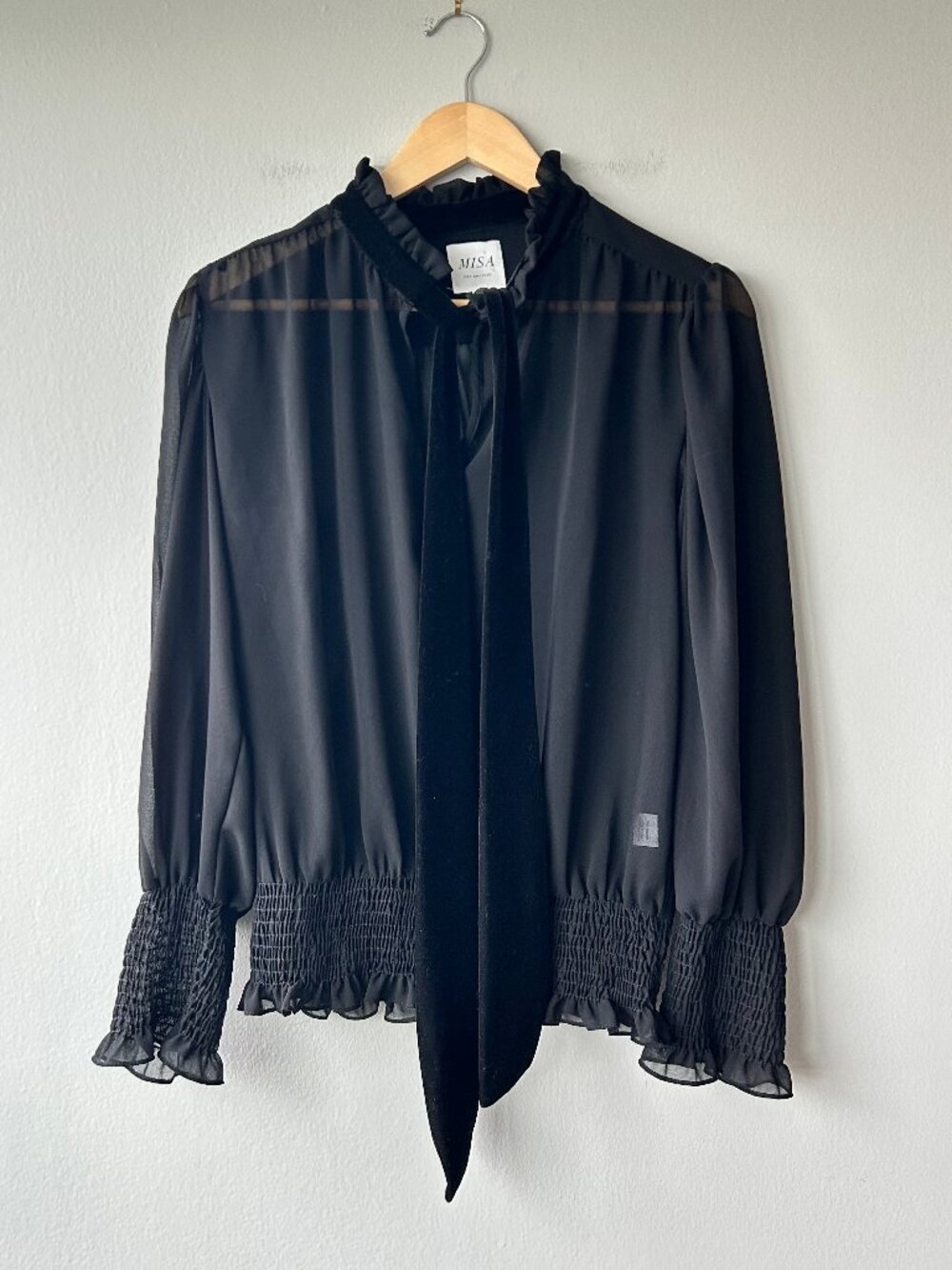 MISA Los Angeles Black Sheer Velvet Tie Neck Blouse Size Small Women's - Picture 2 of 9